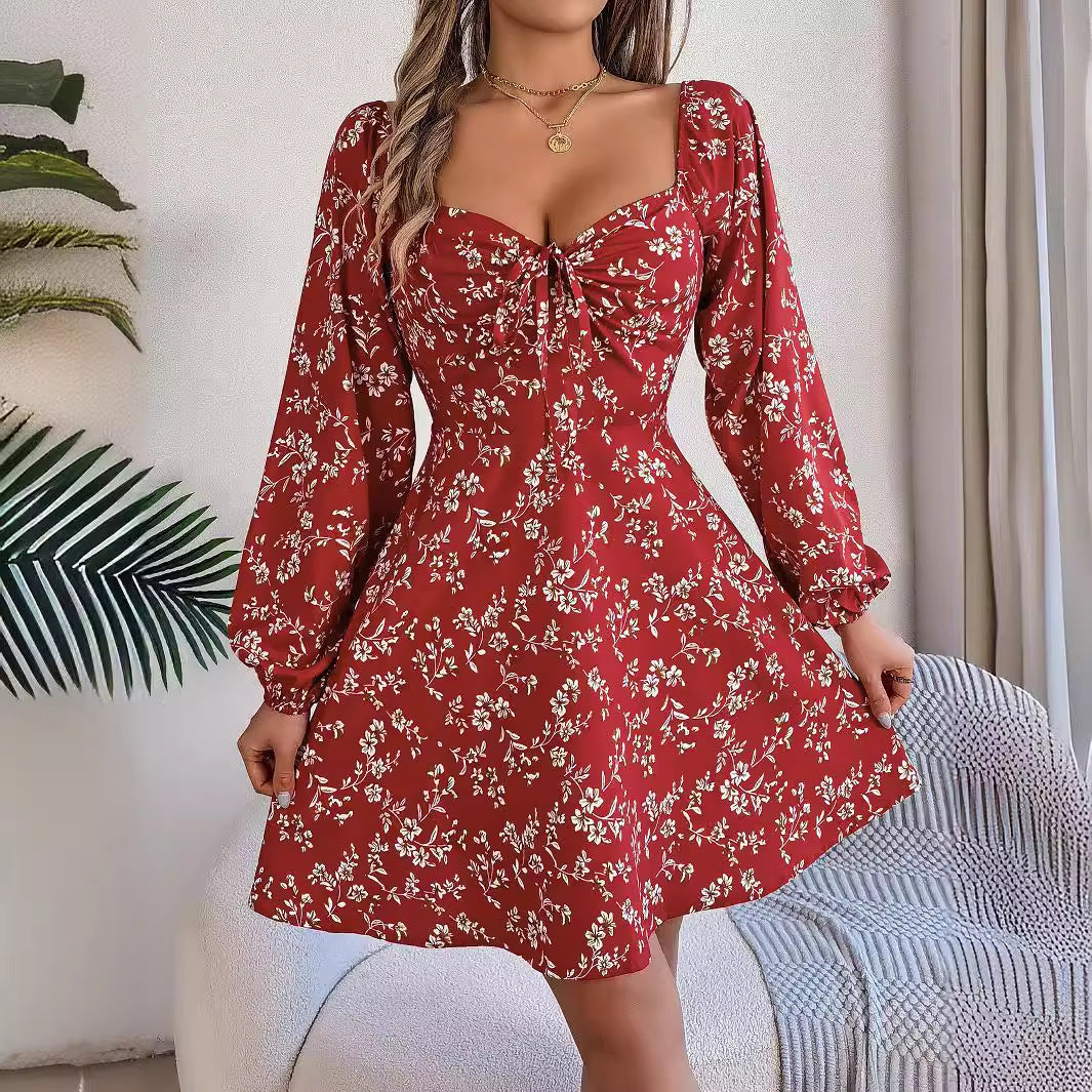 Fashion Floral Print Lantern Sleeve Dress Casual Sexy Tie Square Neck Long Sleeve A-Line Dress Women's Clothing - ADJOVIMARK