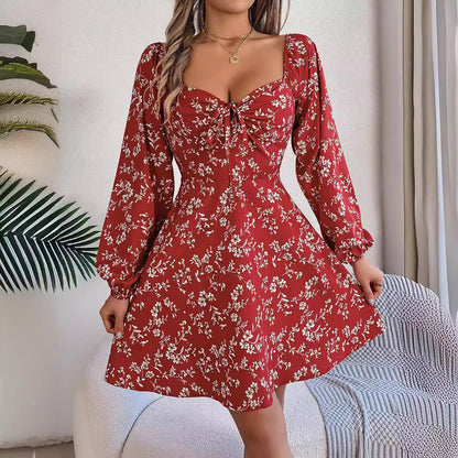 Fashion Floral Print Lantern Sleeve Dress Casual Sexy Tie Square Neck Long Sleeve A-Line Dress Women's Clothing - ADJOVIMARK
