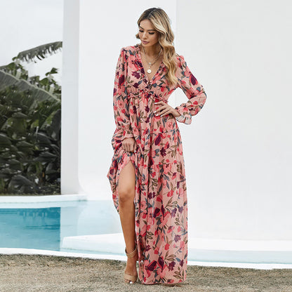 Floral Floral Dress Women Deep V-neck Ruffled Puff Sleeve Skirt - ADJOVIMARK