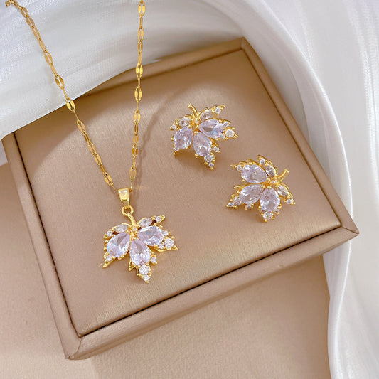Maple Leaf Light Luxury Temperament Necklace Ear Stud Jewelry Suit Women - ADJOVIMARK