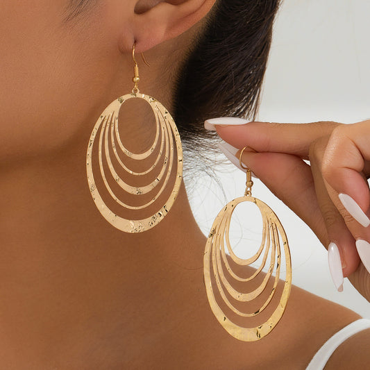 European And American Fashion Elegant 3 Layer Hollow Oval Shaped Big Gold-color Stainless Steel Dangle Drop Earrings - ADJOVIMARK