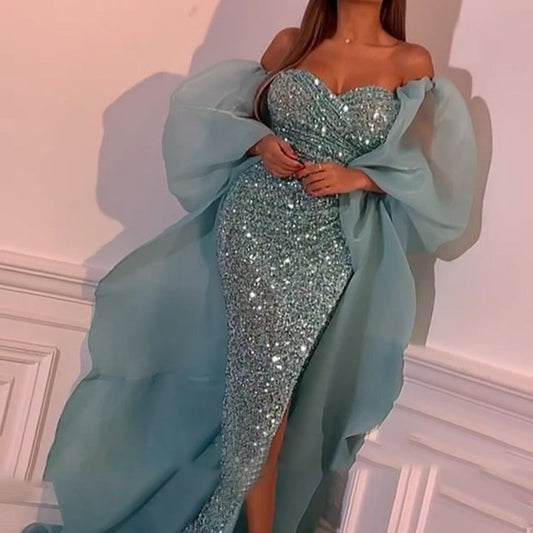 Mesh-covered Hip Ball Gown Dress - ADJOVIMARK