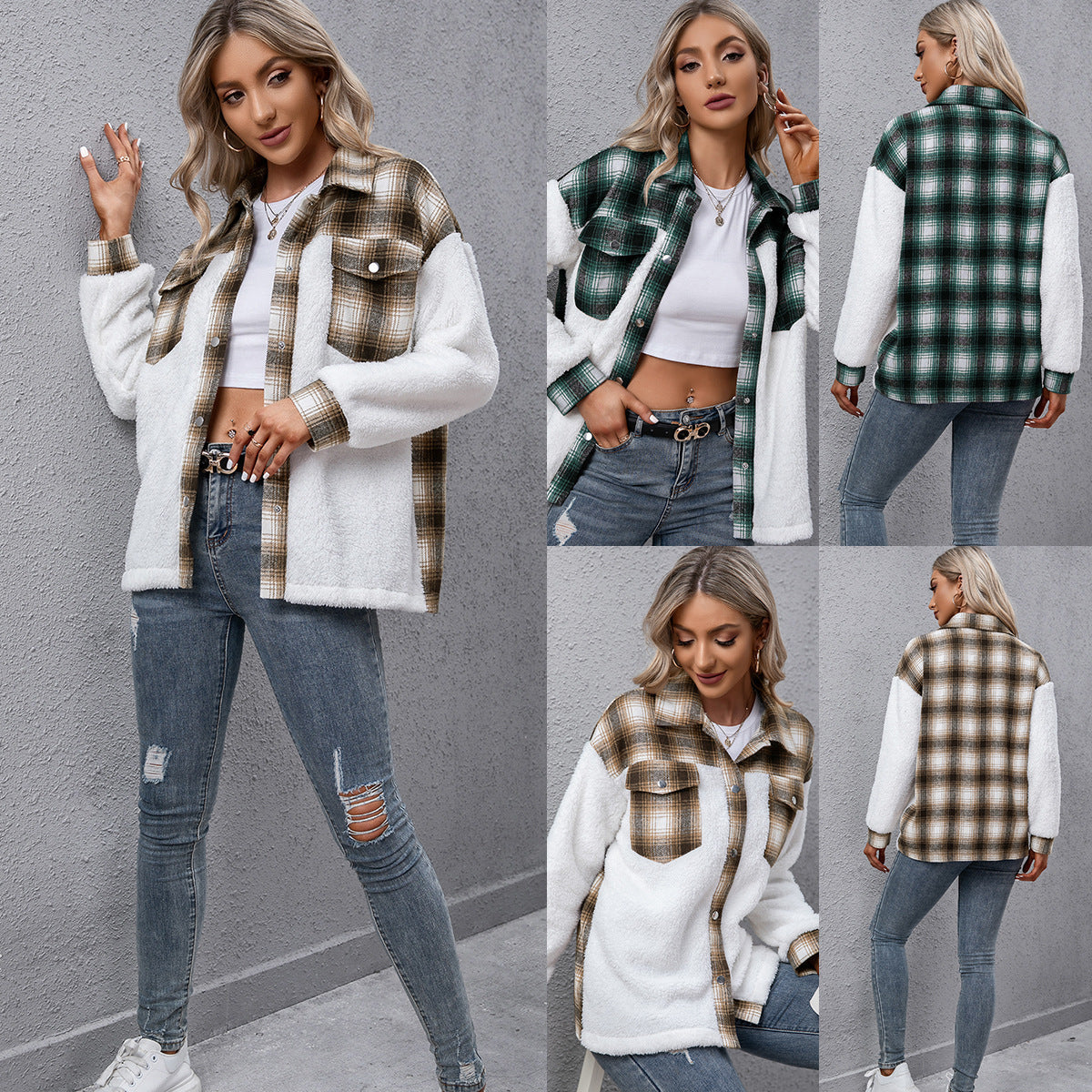 Long-sleeved Plaid Stitching Loose Casual Shirt - ADJOVIMARK