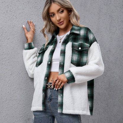 Long-sleeved Plaid Stitching Loose Casual Shirt - ADJOVIMARK