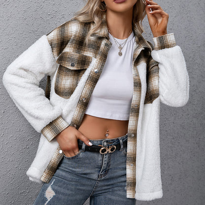 Long-sleeved Plaid Stitching Loose Casual Shirt - ADJOVIMARK