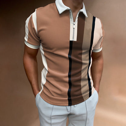 Short Sleeve POLO Shirt Casual Striped Plaid Print Zip Sweatshirt - ADJOVIMARK