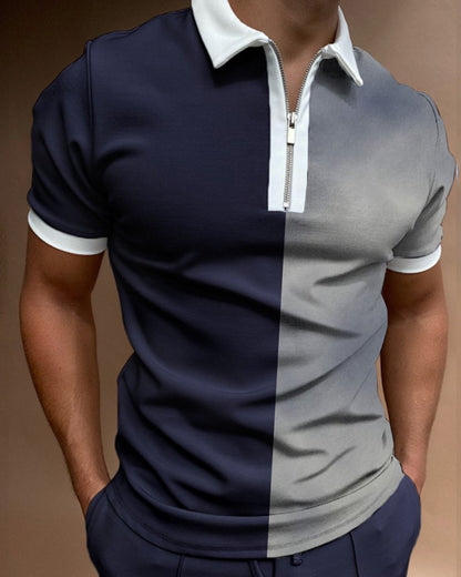 Short Sleeve POLO Shirt Casual Striped Plaid Print Zip Sweatshirt - ADJOVIMARK