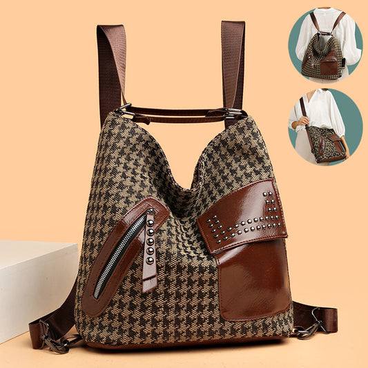 Houndstooth Backpack Women Fashion Rivet Design Leopard Shoulder Bags - ADJOVIMARK