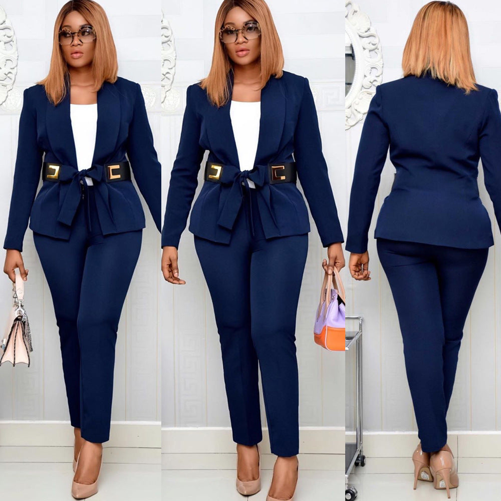 Konishi Assembly Special Leather Belt Ol Commuter Plus Size Two-Piece Suit - ADJOVIMARK