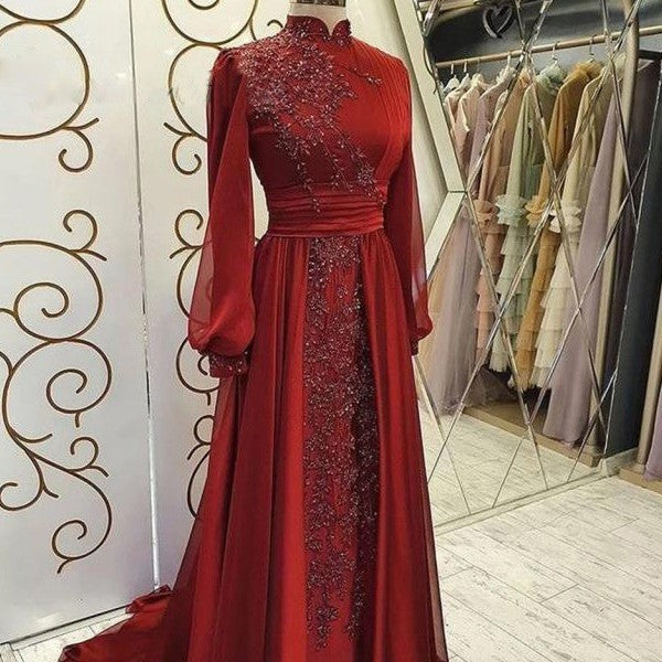 Stand Collar Luxury Long Sleeve Evening Dress - ADJOVIMARK