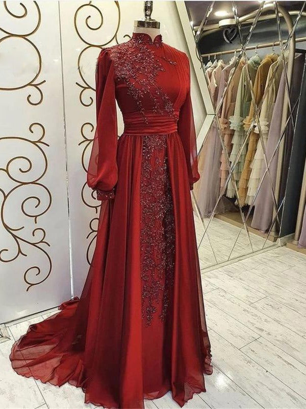 Stand Collar Luxury Long Sleeve Evening Dress - ADJOVIMARK