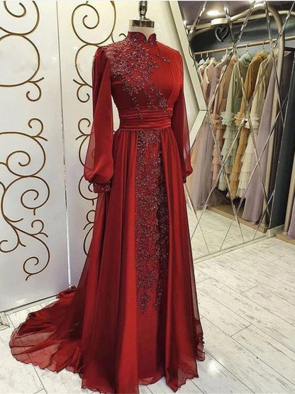 Stand Collar Luxury Long Sleeve Evening Dress - ADJOVIMARK