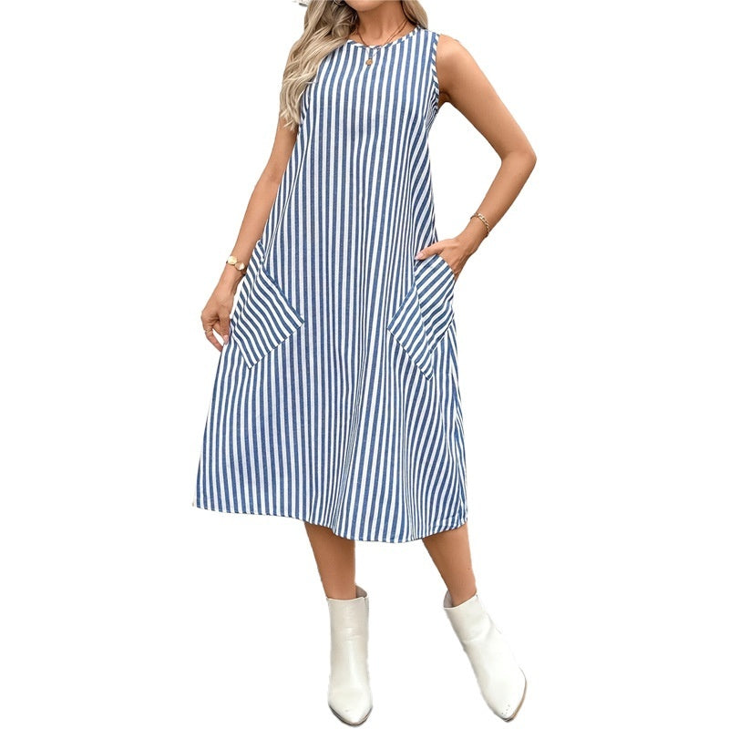 Round Neck Pocket Striped Dress Women - ADJOVIMARK