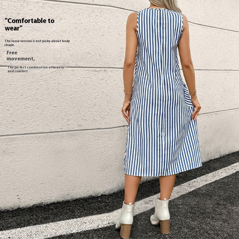Round Neck Pocket Striped Dress Women - ADJOVIMARK