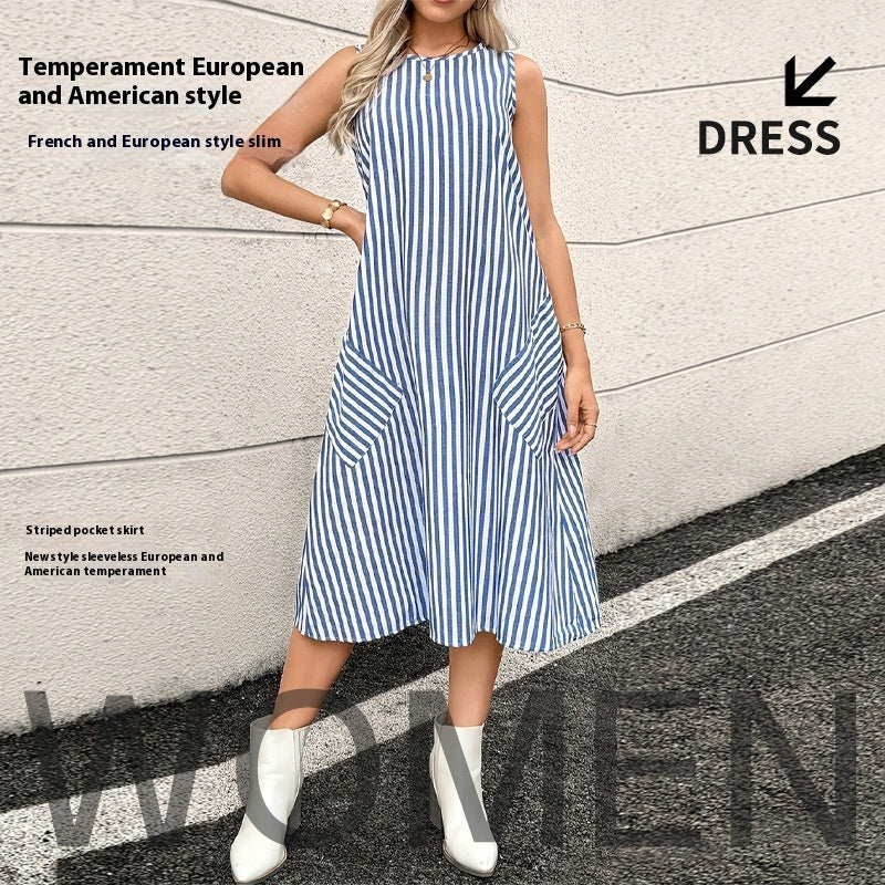 Round Neck Pocket Striped Dress Women - ADJOVIMARK