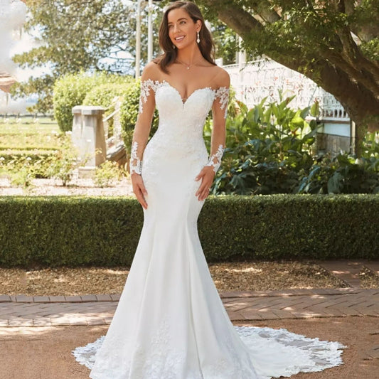 Long Sleeve Backless Lace Fishtail Wedding Dress - ADJOVIMARK