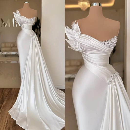 White Graceful Satin Simple Lightweight Wedding Dress Long Dress - ADJOVIMARK