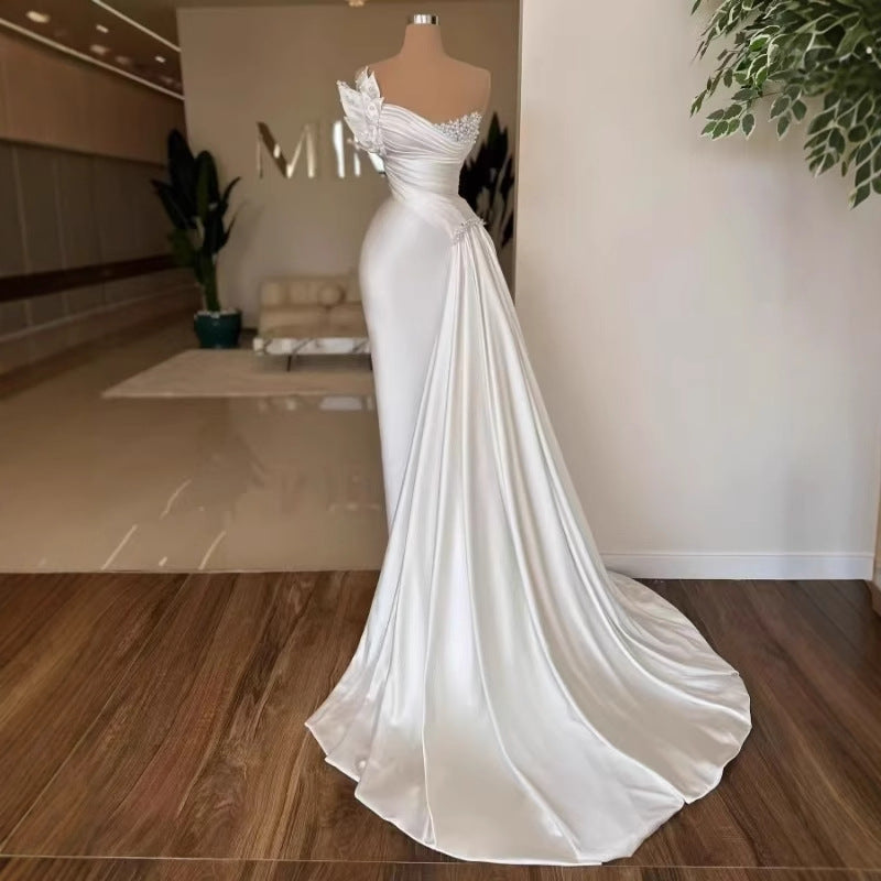 White Graceful Satin Simple Lightweight Wedding Dress Long Dress - ADJOVIMARK