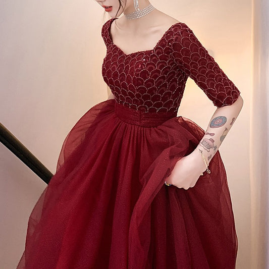 Wine Red Engagement Back Door Evening Dress Female Long Sleeve - ADJOVIMARK