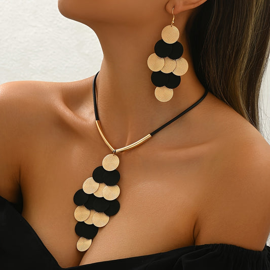 Lxalry 14K Gold Black Gothic Jewelry Set Handmade Iron Leather Necklace Earrings Duo Bold Oversized Pendant Gift For Everyday Edge Evening Glamor